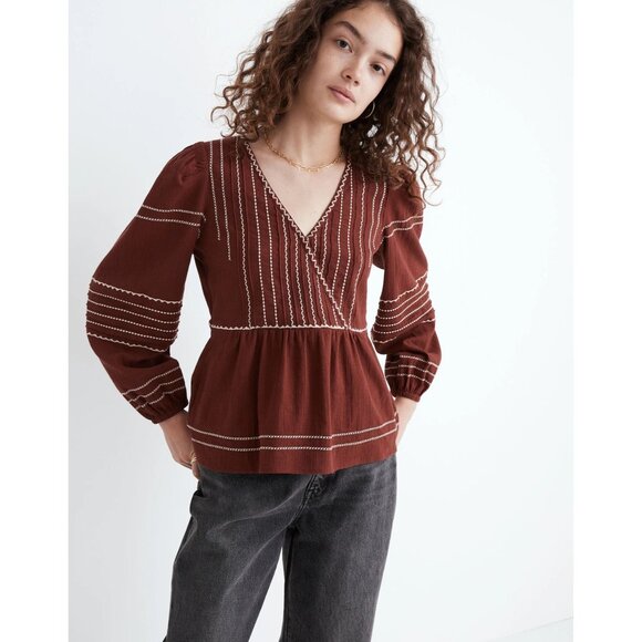 Madewell Womens Rust Embroidered Stripe Long-Sleeve Top Lg Artisan Boho‎ Peasant - Picture 1 of 9